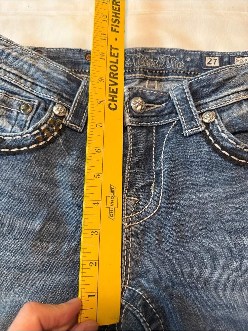 Miss Me Easy Boot Jeans 27 Low Rise Medium Wash Embellished Flap Pockets